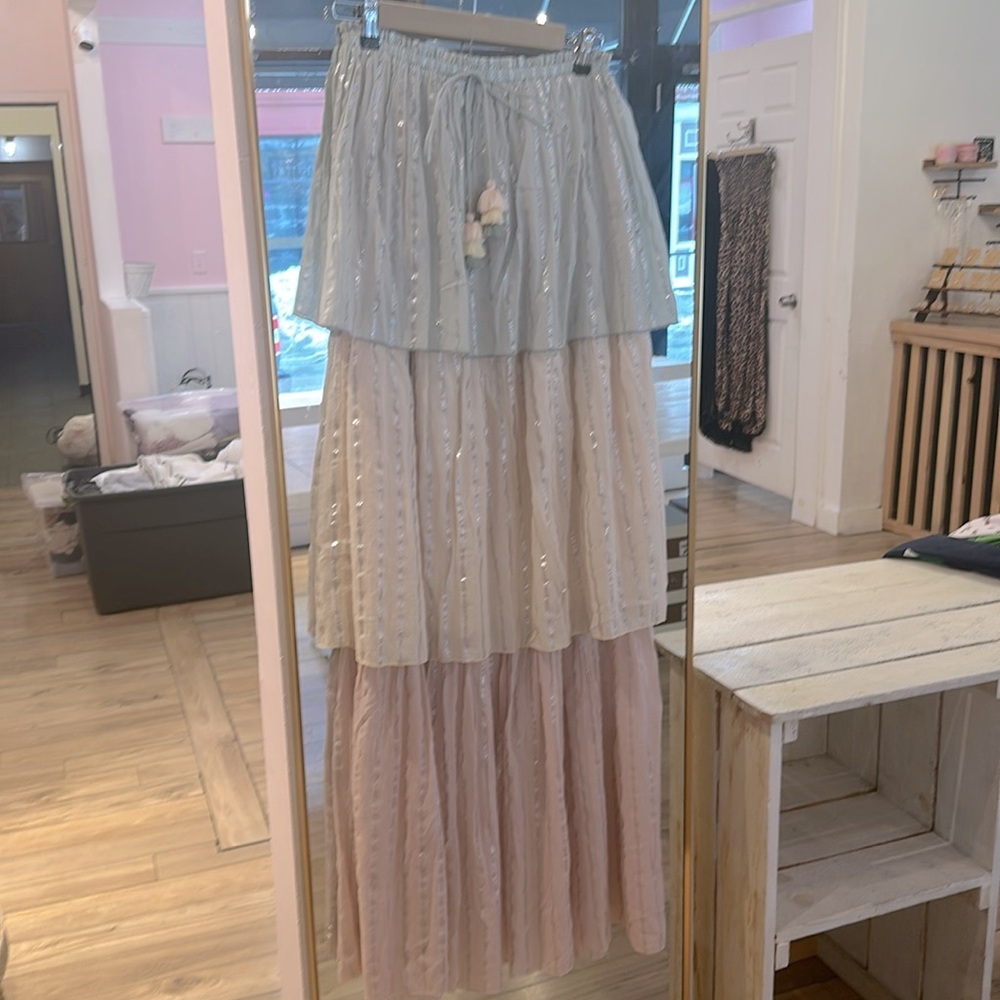 PQ Swim Strapless Tiered Pastel Maxi Dress in Blue, Cream & Pink